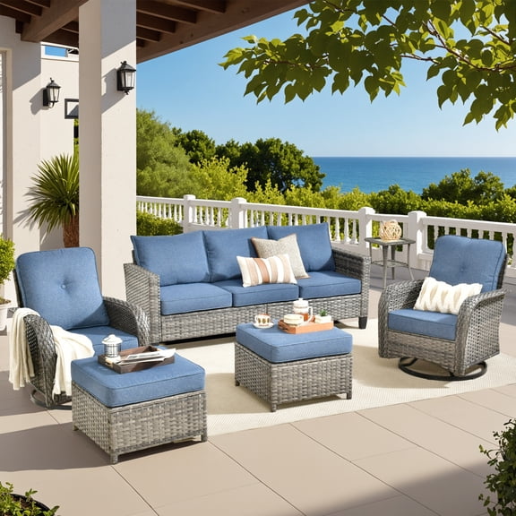Vcatnet Outdoor Patio Furniture with Swivel Rockers 6 Pieces Sectioal Sofa All Weather Wicker Conversation Set with Ottoman for Porch, Deck, Denim Blue