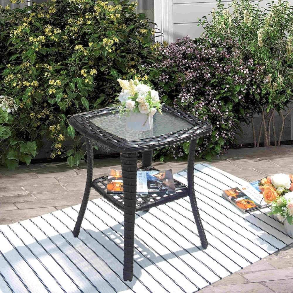 Outdoor Side Table with Tempered Glass Top,Wicker End Table