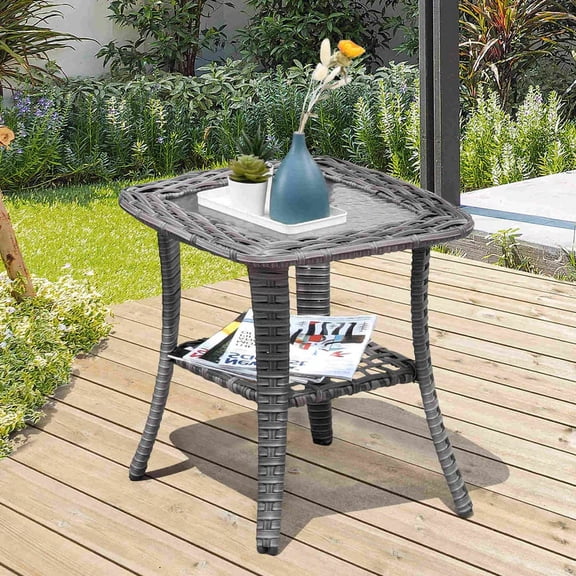 Vcatnet Outdoor Side Table with Tempered Glass Top,Wicker End Table,Gray