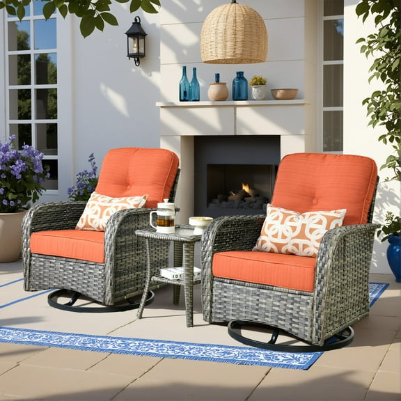 Vcatnet Outdoor Swivel Gliders Set of 2 with Side Table, 3 Pieces Outdoor Patio Furniture Wicker Swivel Rocking Chairs, Swivel Rocker Patio Chairs Set, Orange Red