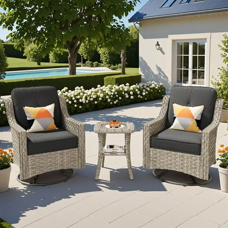 Vcatnet Outdoor Swivel Gliders Set of 2 with Side Table, 3 Pieces Outdoor Patio Furniture Wicker Swivel Rocking Chairs, Swivel Rocker Patio Chairs Set for Porch, Backyard, Black