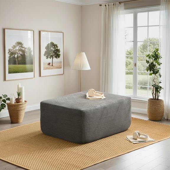 Vcatnet Oversized Ottoman No Assembly Footrest Corduroy Large Ottoman Rectangle Footstool for Living Room and Bedroom, Gray