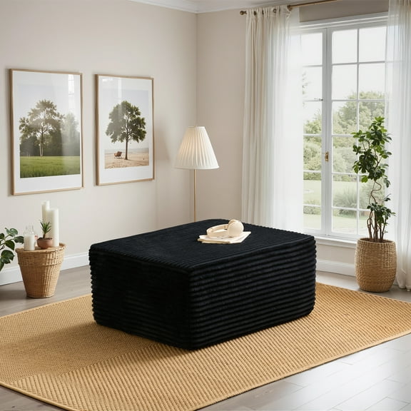 Vcatnet Oversized Ottoman No Assembly Footrest Plush Corduroy Large Ottoman Rectangle Footstool for Living Room and Bedroom, Black