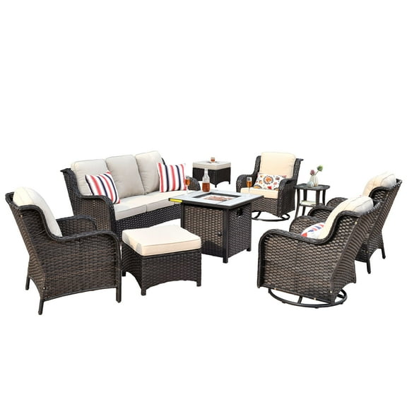 Vcatnet Patio Furniture with Fire Pit 9 Pieces Sectioal Sofa with Swivel Rocking Chairs All Weather Wicker High-Back Outdoor Conversation Set with Ottoman, Beige