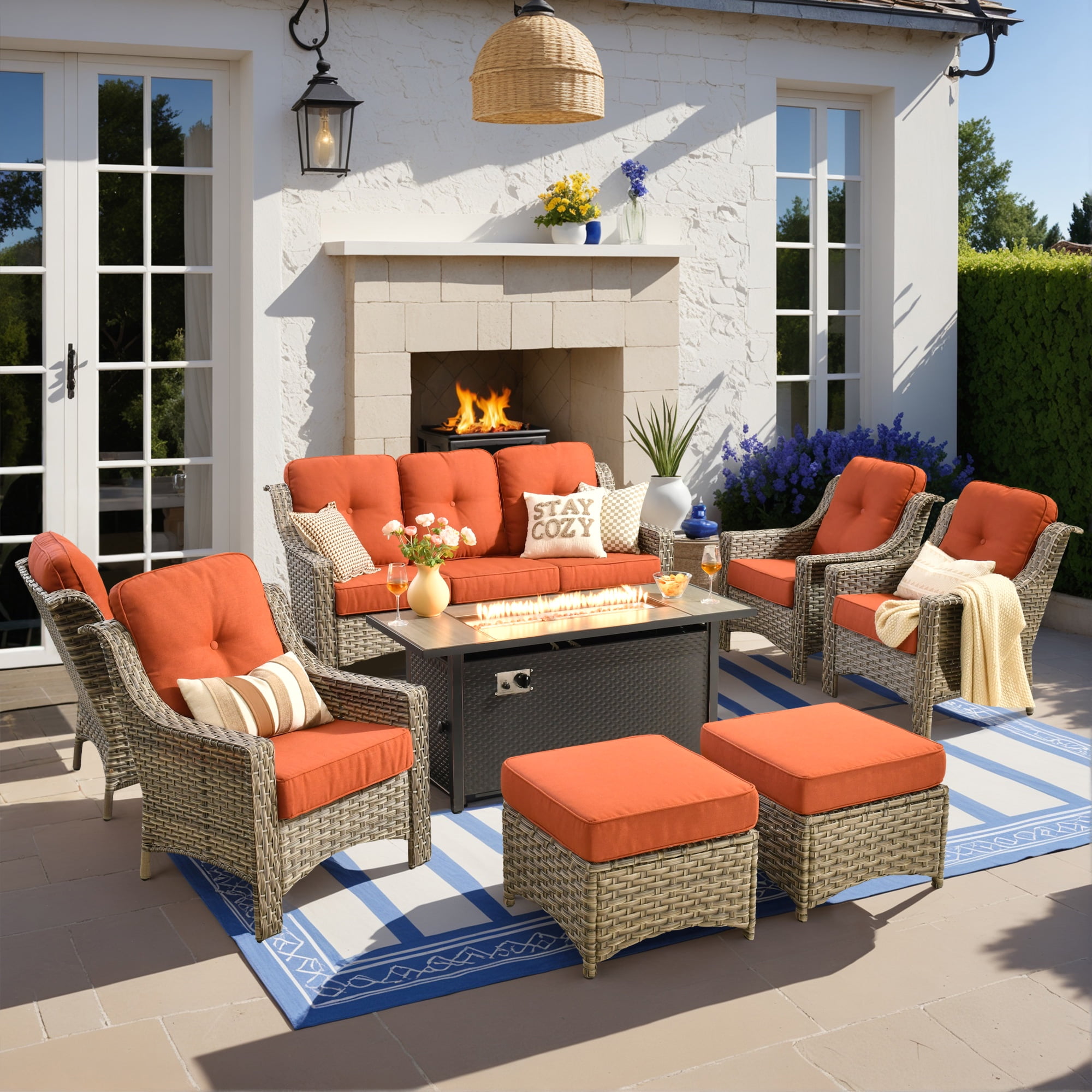 Vcatnet Patio Furniture Set with Fire Pit 8 Pieces Wicker Outdoor Sectionals High Back Outdoor Conversation Set with Ottoman, Coarse Orange Red