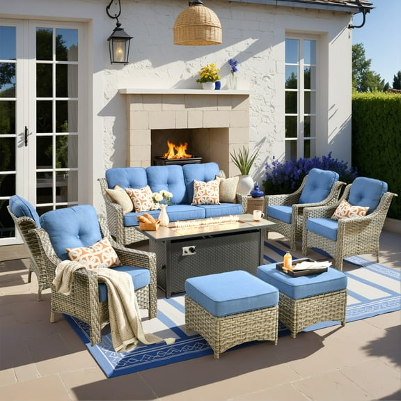 Vcatnet Patio Furniture Set with Fire Pit 8 Pieces Wicker Outdoor Sectionals High Back Outdoor Conversation Set with Ottoman, Diamond Blue