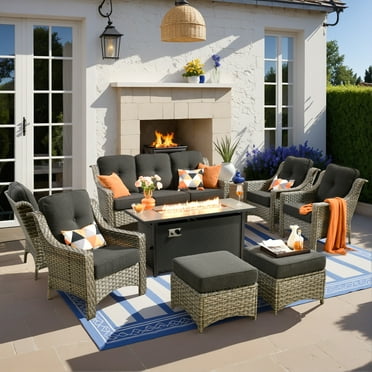 Vcatnet Patio Furniture Set with Fire Pit 8 Pieces Wicker Sectional Sofa High Back Outdoor Conversation Set with Ottoman for Porch, Deck, Black