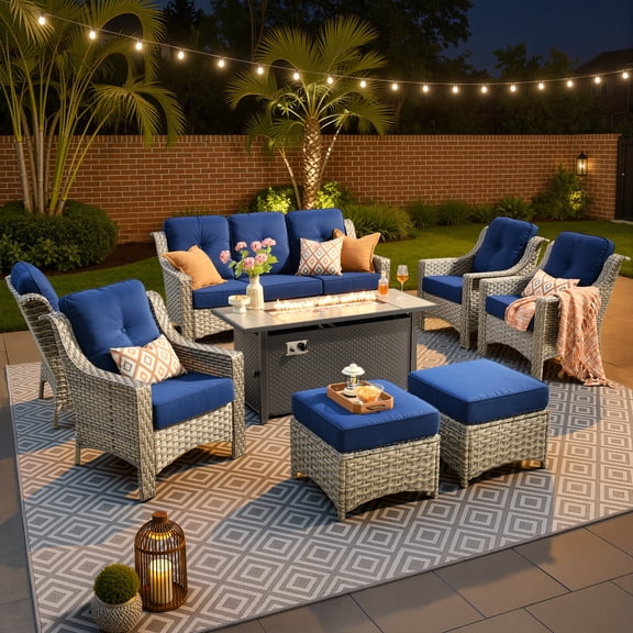 Vcatnet Patio Furniture Set with Fire Pit 8 Pieces Wicker Outdoor Sectionals High Back Outdoor Conversation Set with Ottoman, Navy Blue