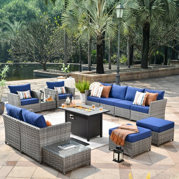 Vcatnet Patio Furniture Sets with 42" Fire Pit Table 13 Pieces Sectional Sofa All Weather PE Rattan Wicker Conversation Set with Ottoman for Porch, Backyard, Navy Blue