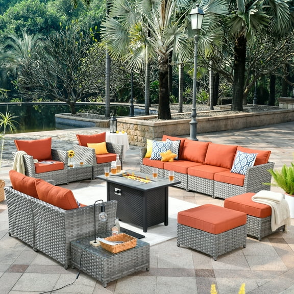 Vcatnet Patio Furniture Sets with 42" Fire Pit Table 13 Pieces Sectional Sofa All Weather PE Rattan Wicker Conversation Set with Ottoman for Porch, Backyard, Orange Red