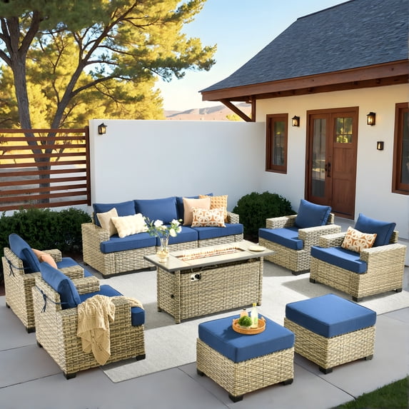 Vcatnet Patio Furniture Sets with 54" Fire Pit, 10 Pieces All Weather Outdoor Sectional Sofa, PE Rattan Wicker High Back Conversation Set with Ottoman, Navy Blue