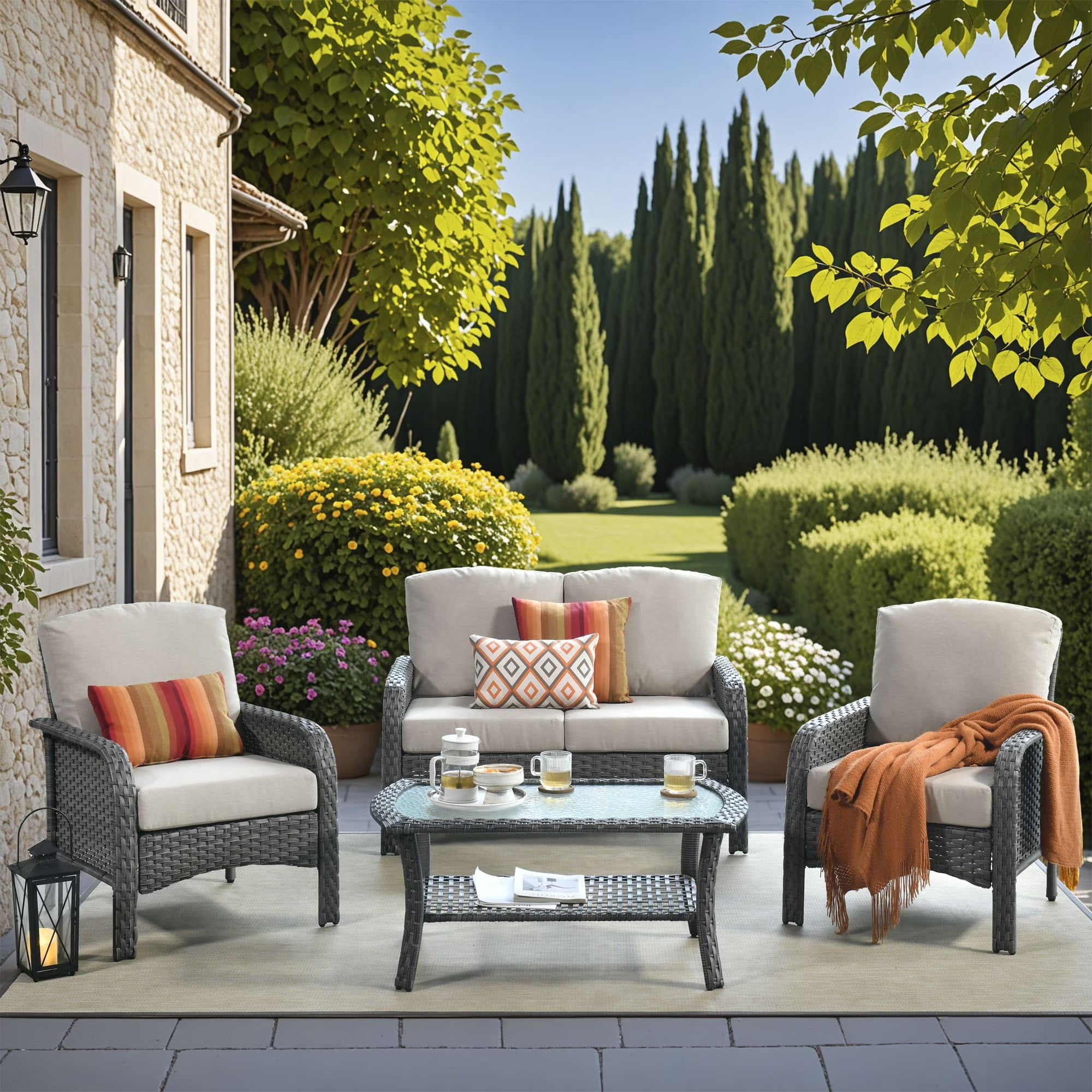 Vcatnet Patio Furniture Sets with Coffee Table 4 Pieces Sectional Sofa Rattan Wicker Outdoor Conversation Set with Loveseat Chair for Porch, Deck, Beige