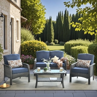 Vcatnet Patio Furniture Sets with Coffee Table 4 Pieces Sectional Sofa Rattan Wicker Outdoor Conversation Set with Loveseat Chair for Porch, Deck, Denim Blue