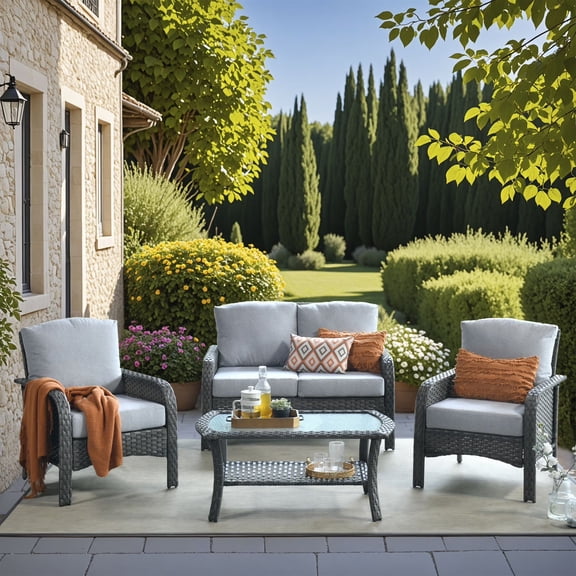 Vcatnet Patio Furniture Sets with Coffee Table 4 Pieces Sectional Sofa Rattan Wicker Outdoor Conversation Set with Loveseat Chair for Porch, Deck, Gray