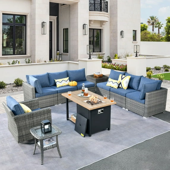 Vcatnet Patio Furniture Sets with Fire Pit 10 Pieces Sectional Sofa All Weather Wicker Outdoor Conversation Set with Swivel Glider Chair and Coffee Table, Denim Blue