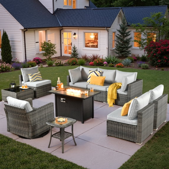 Vcatnet Patio Furniture Sets with Fire Pit 10 Pieces Sectional Sofa All Weather Wicker Outdoor Conversation Set with Swivel Glider Chair and Coffee Table, Gray
