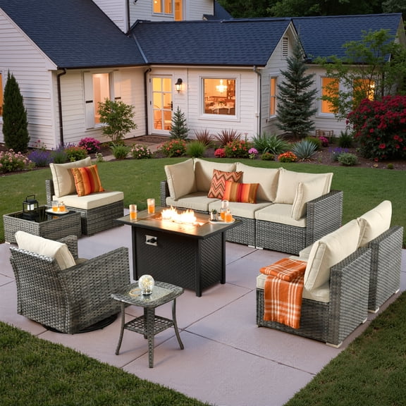 Vcatnet Patio Furniture Sets with Fire Pit 10 Pieces Sectional Sofa All Weather Wicker Outdoor Conversation Set with Swivel Glider Chair and Coffee Table, Beige