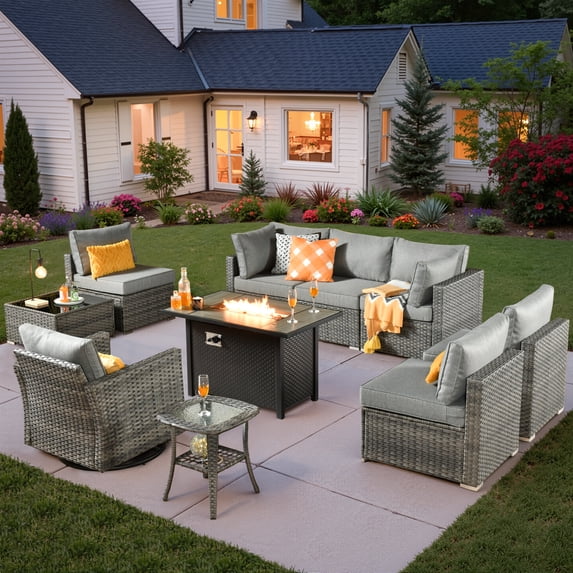 Vcatnet Patio Furniture Sets with Fire Pit 10 Pieces Sectional Sofa All Weather Wicker Outdoor Conversation Set with Swivel Glider Chair and Coffee Table, Dark Gray