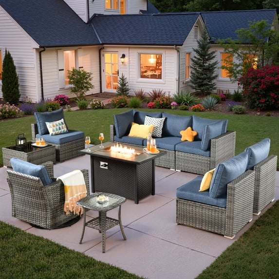 Vcatnet Patio Furniture Sets with Fire Pit 10 Pieces Sectional Sofa All Weather Wicker Outdoor Conversation Set with Swivel Glider Chair and Coffee Table, Denim Blue