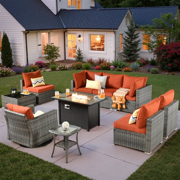 Vcatnet Patio Furniture Sets with Fire Pit 10 Pieces Sectional Sofa All Weather Wicker Outdoor Conversation Set with Swivel Glider Chair and Coffee Table, Orange Red