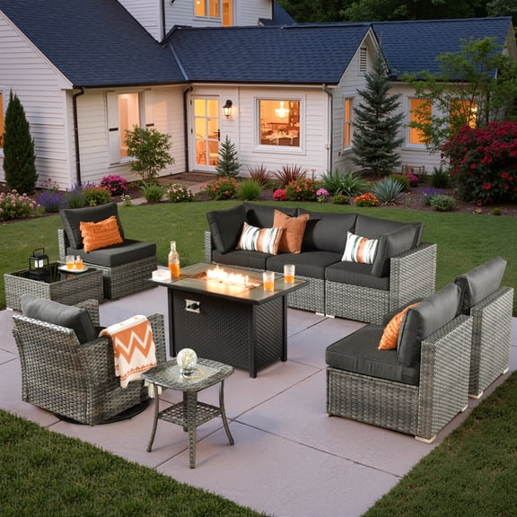 Vcatnet Patio Furniture Sets with Fire Pit 10 Pieces Sectional Sofa All Weather Wicker Outdoor Conversation Set with Swivel Glider Chair and Coffee Table, Black