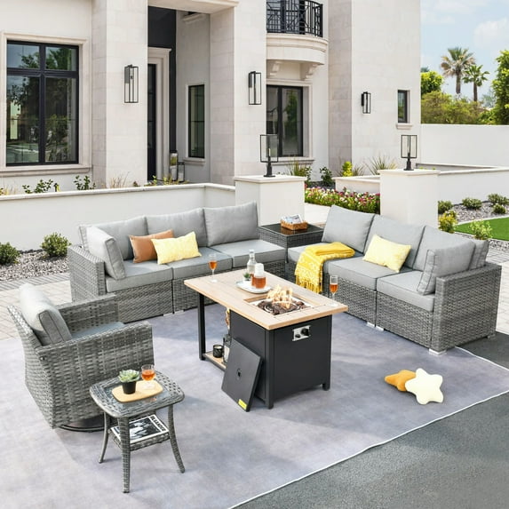 Vcatnet Patio Furniture Sets with Fire Pit 10 Pieces Sectional Sofa All Weather Wicker Outdoor Conversation Set with Swivel Glider Chair and Coffee Table, Dark Gray