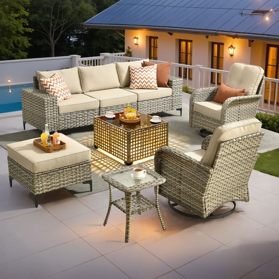 Vcatnet Patio Outdoor Conversation Set 8 Pieces Wicker Furniture Set Sectional Sofa with Swivel Chairs, Beige