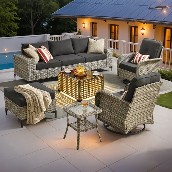 Vcatnet Patio Outdoor Conversation Set 8 Pieces Wicker Furniture Set Sectional Sofa with Swivel Chairs, Black