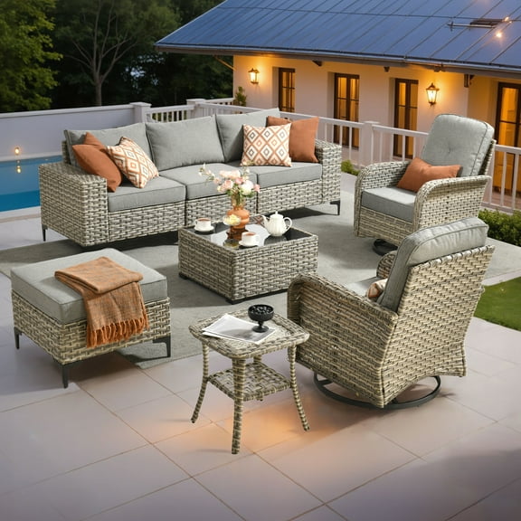 Vcatnet Patio Outdoor Conversation Set 8 Pieces Wicker Furniture Set Sectional Sofa with Swivel Chairs, Dark Gray