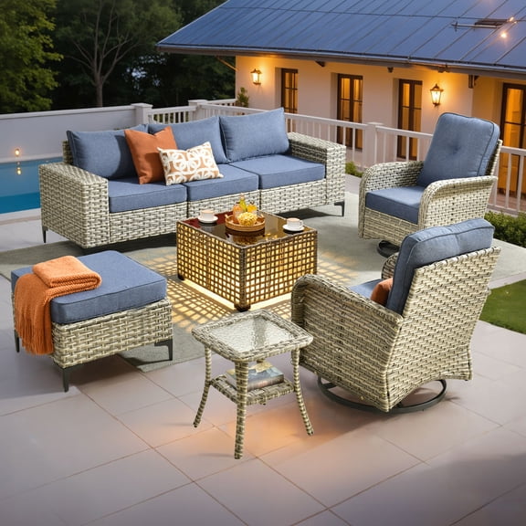 Vcatnet Patio Outdoor Conversation Set 8 Pieces Wicker Furniture Set Sectional Sofa with Swivel Chairs, Denim Blue