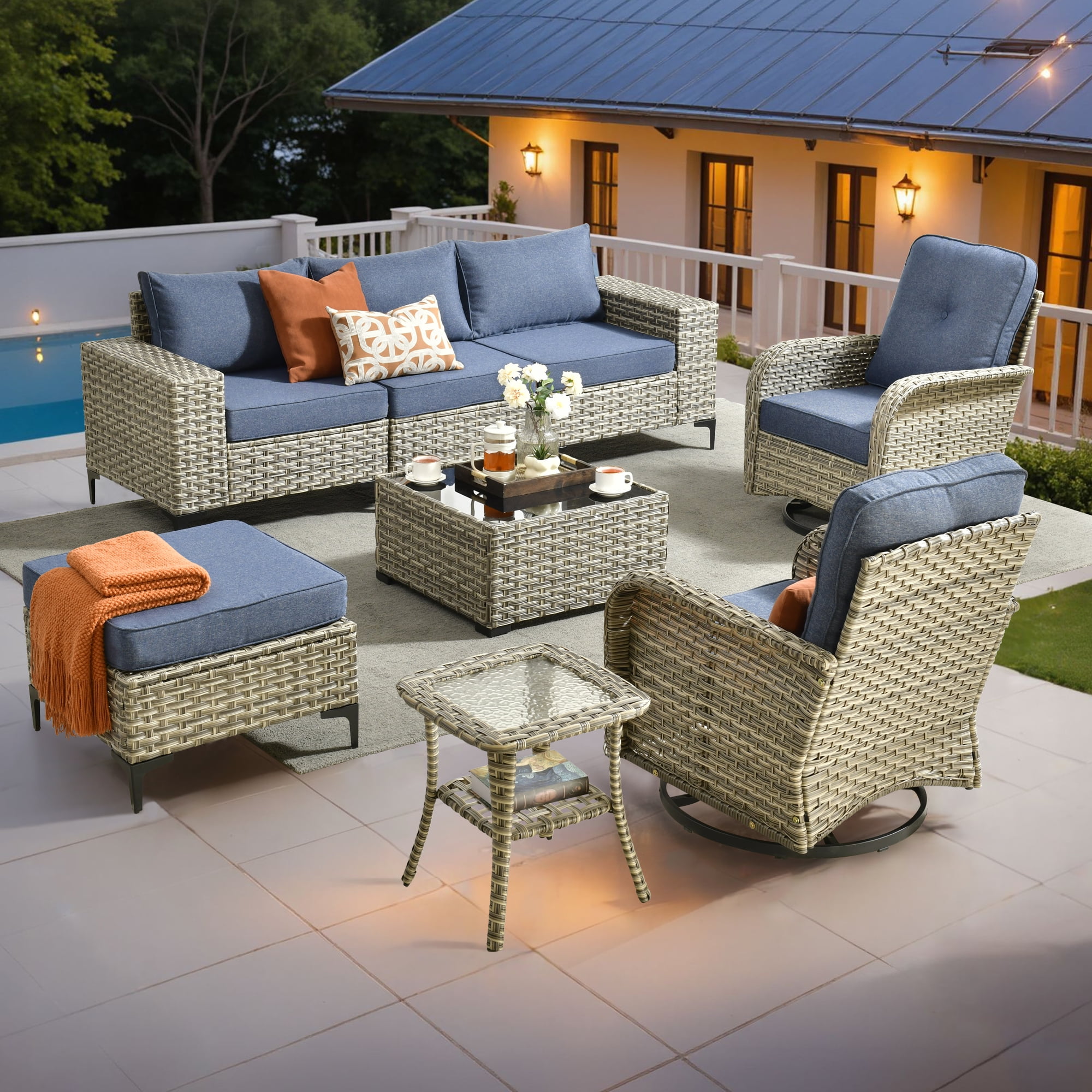 Vcatnet Patio Outdoor Conversation Set 8 Pieces Wicker Furniture Set Sectional Sofa with Swivel Chairs, Denim Blue