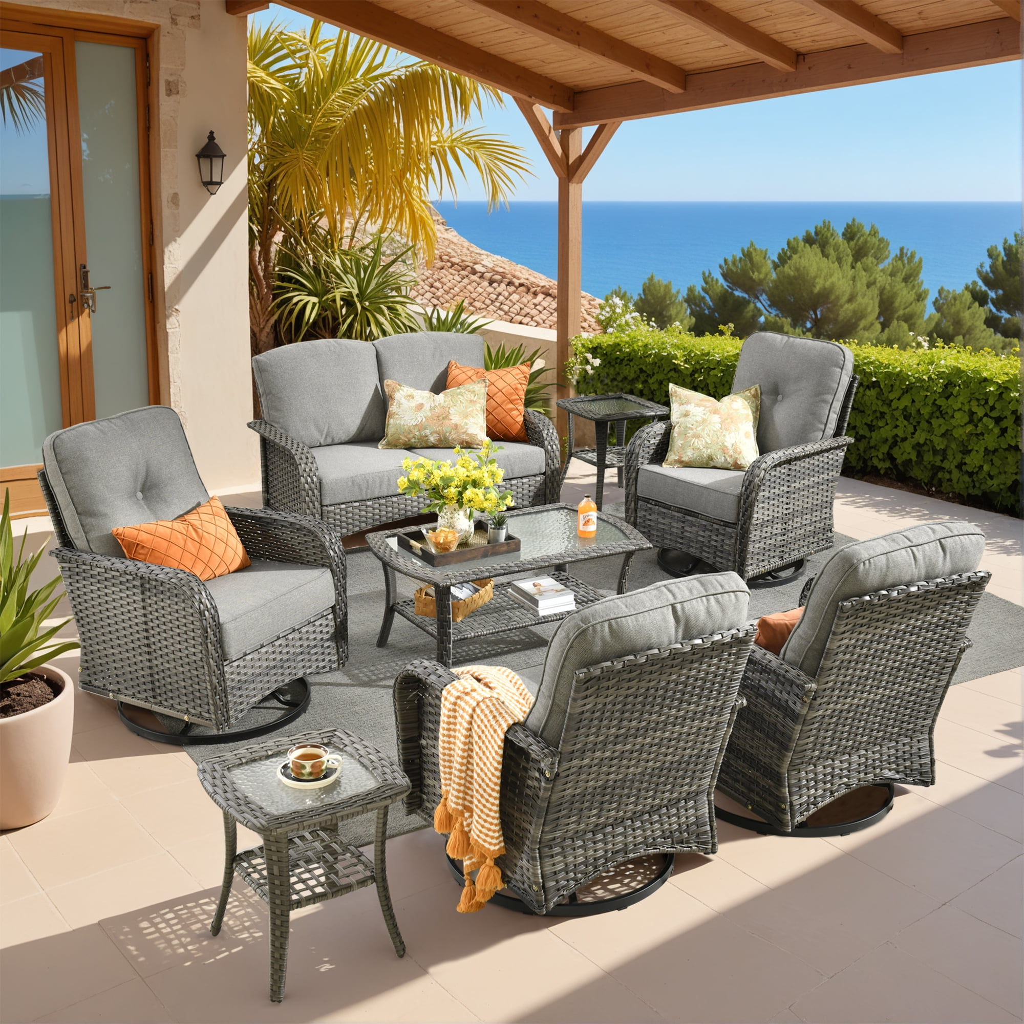 Vcatnet Patio Outdoor Furniture, 8 Pieces Wicker Rattan Sectional Sofa, Patio Conversation Set with Swivel Rocking Chairs and Coffee Table, Dark Gray
