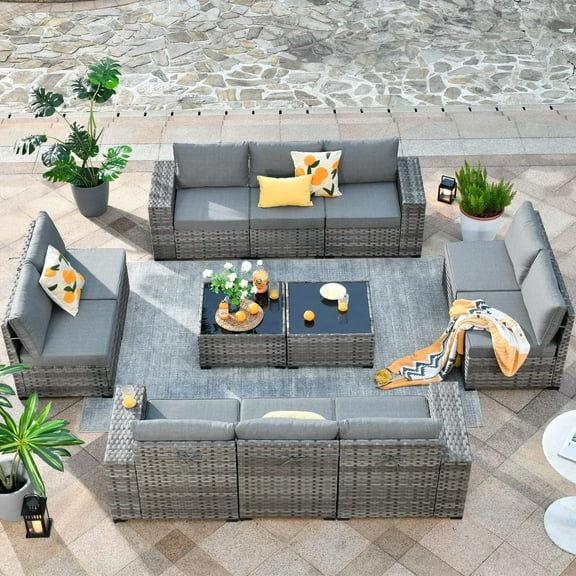 Vcatnet Patio Outdoor Sectional Sofa Wicker Conversation Set with Coffee Table, 12 Pieces, Dark gray
