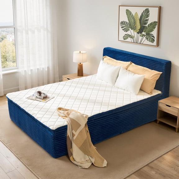 Vcatnet 16.7 inch Queen Mattress with Headboard, Bedroom Furniture Corduroy Cloud Bed, No Assembly Required, Blue