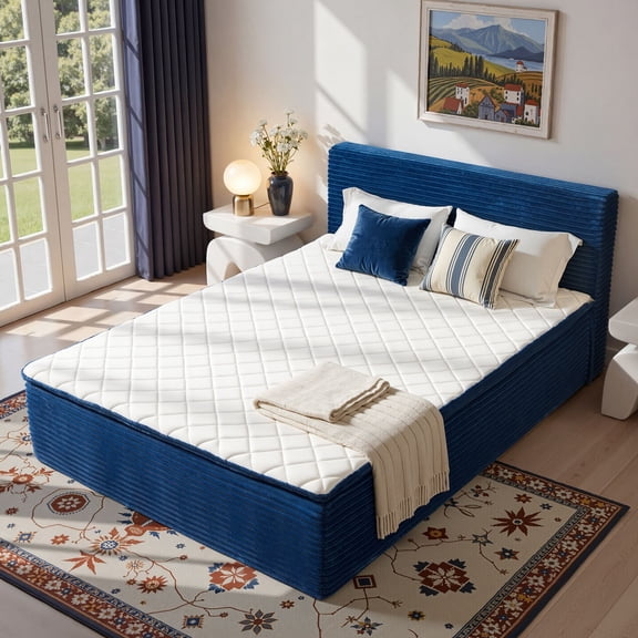 Vcatnet 16.7" Queen Size Boneless Bed with Mattress and Frame, 2-in-1 Corduroy Platform Cloud Bed, No Assembly Bed and Mattress with Headboard, Blue