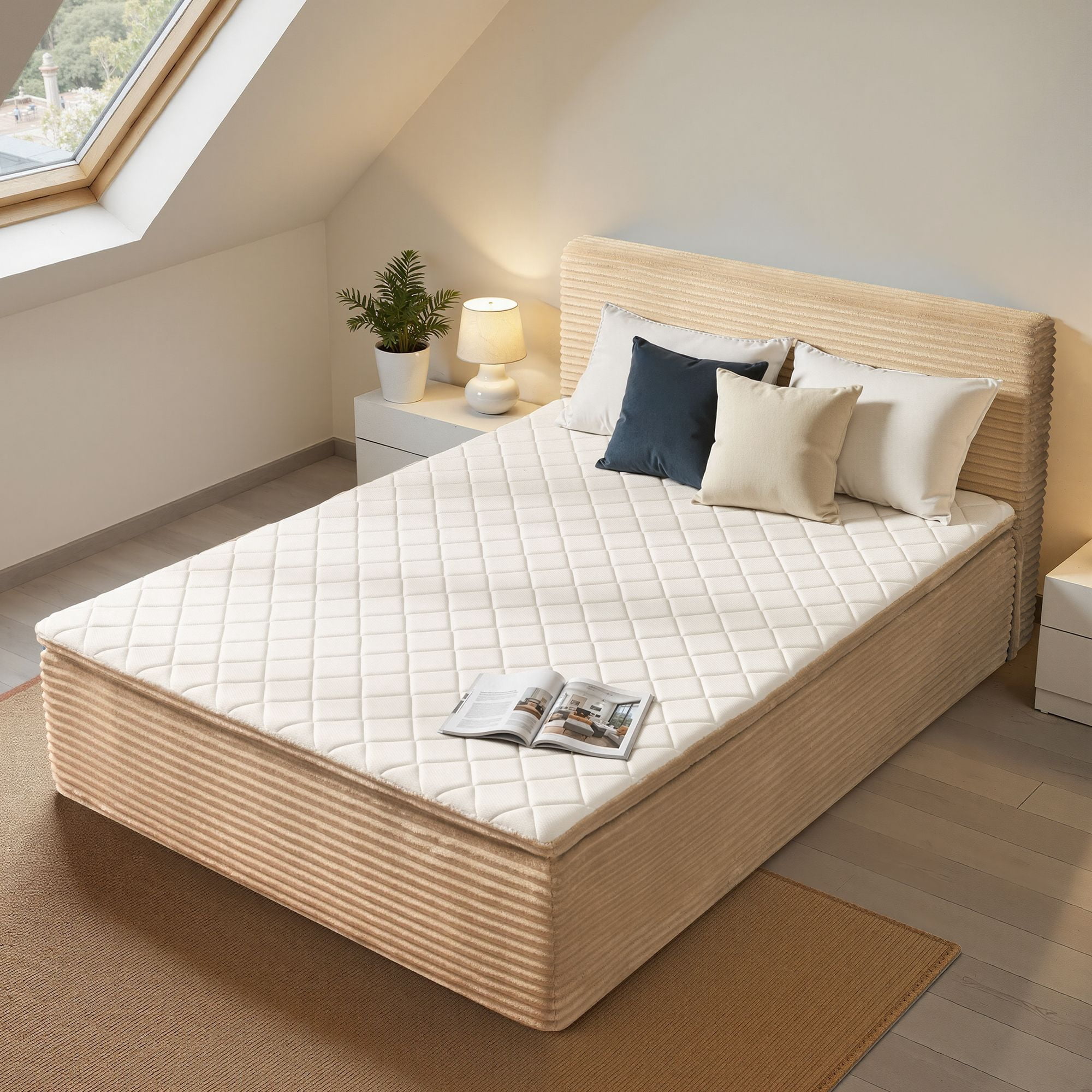 Vcatnet 16.7" Queen Size Bed Frame with Mattress, 2-in-1 Corduroy Platform Cloud Bed, No Assembly Bed and Mattress, Beige