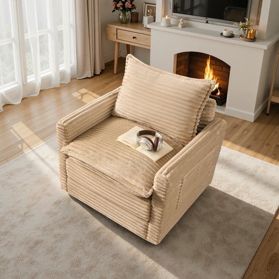 Vcatnet Swivel Accent Chair 360°Corduroy Swivel Armchair Reading Chair with Side Pockets for Living Room, Bedroom, Reading Room Beige