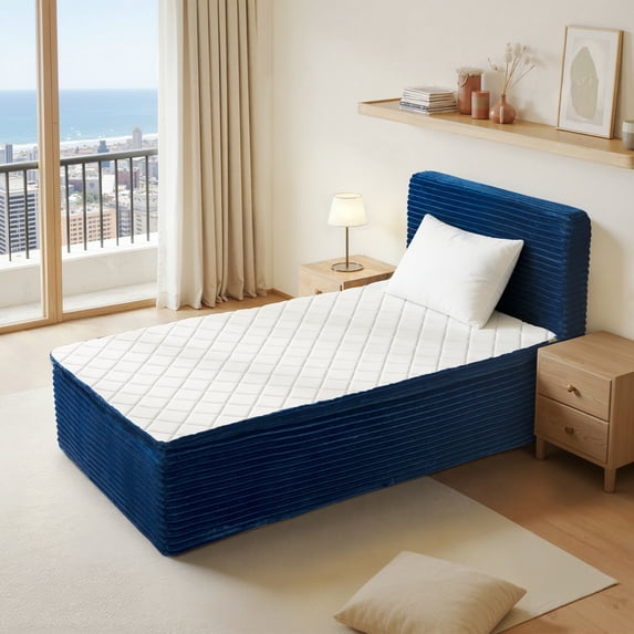 Vcatnet 16.7 inch Twin Mattress with Headboard, Bedroom Furniture Corduroy Cloud Bed, No Assembly Required, Blue