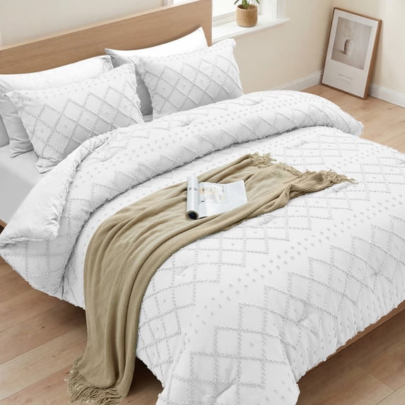 Vccoem 7-Piece Queen Comforter Set Bed in a Bag - White Boho Tufted Luxury Bedding Set, Ultra Soft & Breathable All Season Comforter with Sheets & Pillowcases
