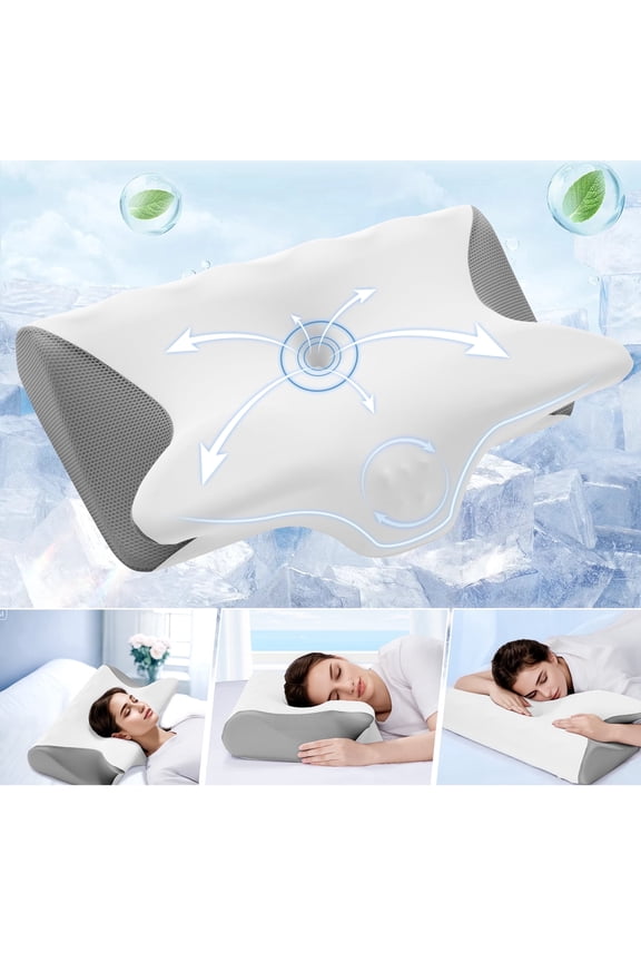 Cervical Pillow for Neck Pain Relief, Ergonomic Hollow Design, Odorless Memory Foam Pillow for Sleeping, Orthopedic Contour Neck Support Pillows with Additional Pillowcase,(White Paired Gray)