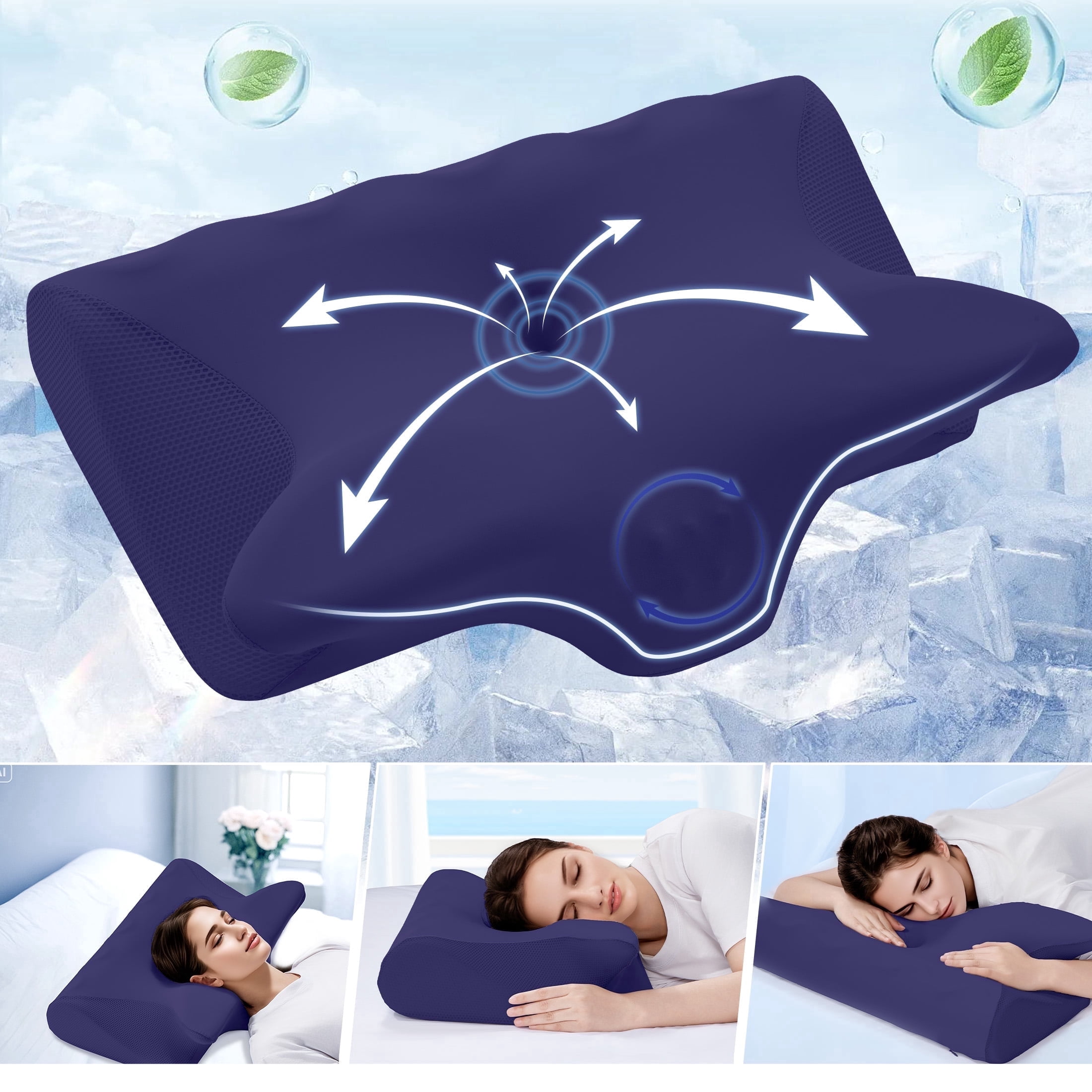 Vccoem Cervical Pillow for Neck Pain Relief, Ergonomic Hollow Design, Odorless Memory Foam Pillow for Sleeping, Orthopedic Contour Neck Support Pillows with Additional Pillowcase, Dark Blue