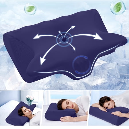 Vccoem Cervical Pillow for Neck Pain Relief, Ergonomic Hollow Design, Odorless Memory Foam Pillow for Sleeping, Orthopedic Contour Neck Support Pillows with Additional Pillowcase, Dark Blue