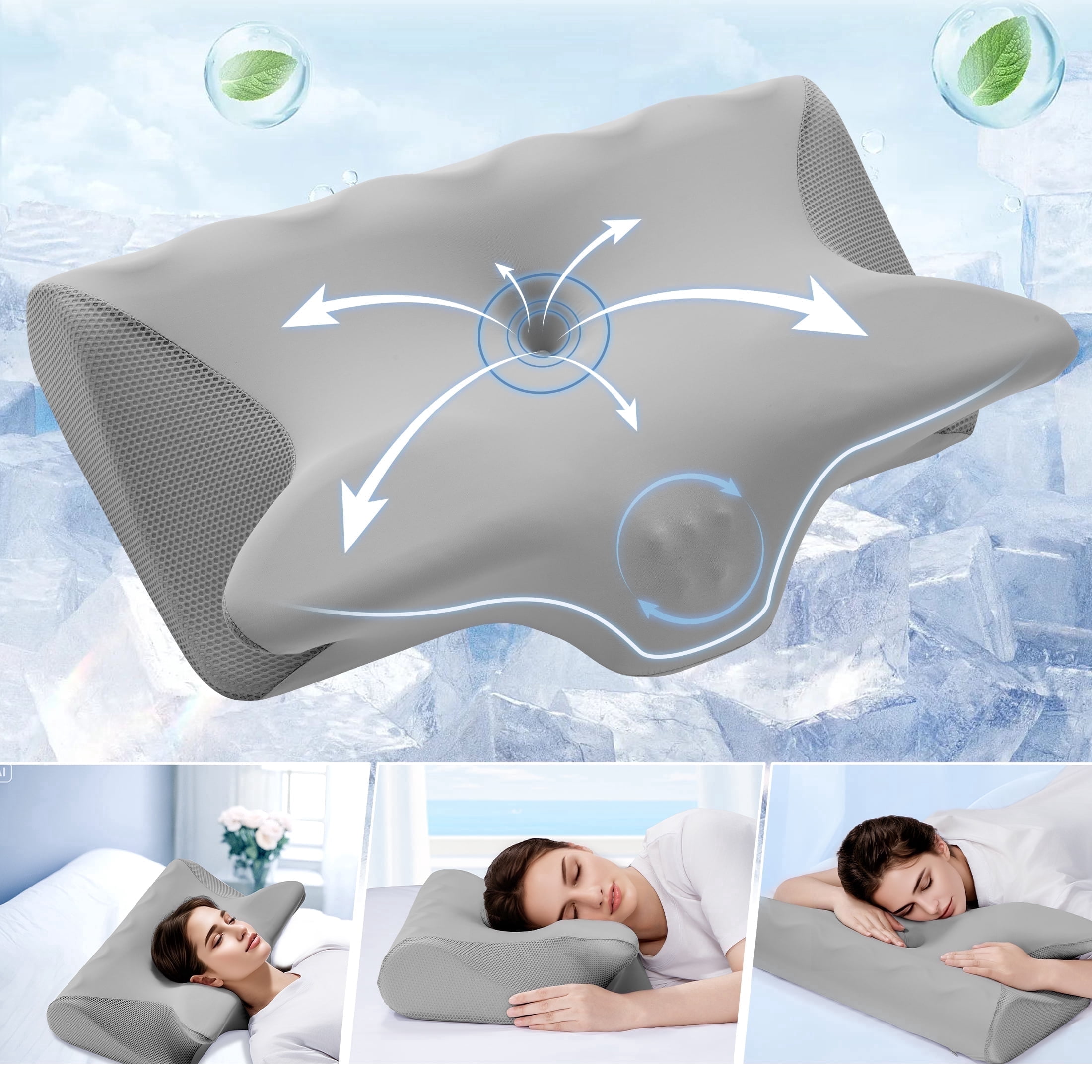 Vccoem Cervical Pillow for Neck Pain Relief, Ergonomic Hollow Design, Odorless Memory Foam Pillow for Sleeping, Orthopedic Contour Neck Support Pillows with Additional Pillowcase, Gray