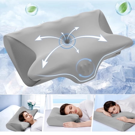 Vccoem Cervical Pillow for Neck Pain Relief, Ergonomic Hollow Design, Odorless Memory Foam Pillow for Sleeping, Orthopedic Contour Neck Support Pillows with Additional Pillowcase, Gray