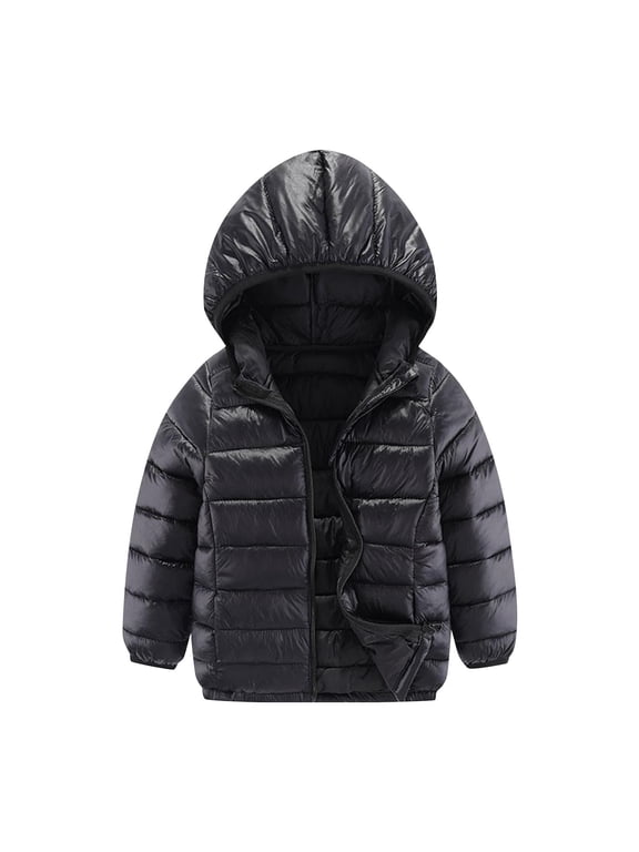 Kids Winter down Coat with Hood Lightweight Zip up Warm Solid Color Puffer Jacket for Boy Girl 10-12 Years