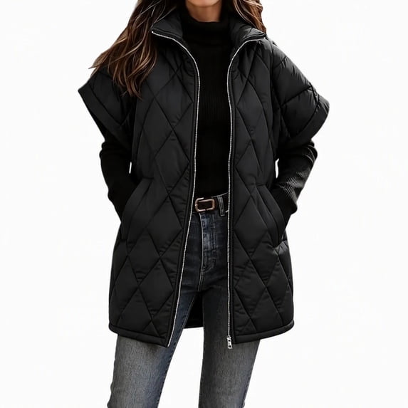 Vdgthytj Puffer Vest Women Full Zip Stand Collar Diamond Quilted Mid-Length Short Sleeve Gilet Winter Warm Casual Outerwear with Pockets(3X-Large,Black)