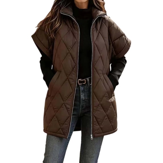 Vdgthytj Puffer Vest Women Full Zip Stand Collar Diamond Quilted Mid-Length Short Sleeve Gilet Winter Warm Casual Outerwear with Pockets(X-Large,Coffee)
