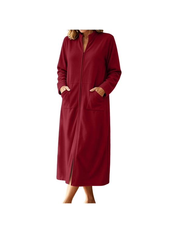 Robes for Women Fleece Full Zip Long Sleeve Stand Collar Winter Maxi Loungewear Nightgown with Pockets(3X-Large,Wine)
