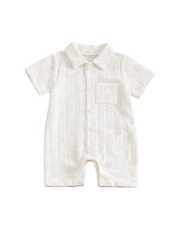 Baby Boy Short Sleeve Bodysuit Infant Button Down Cute Romper Newborns Summer Jumpsuit With Crotch Snap 6-12 Months White