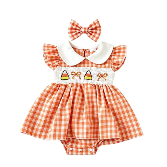 Vdoaml Baby Girl 2pc Halloween Plaid Flutter Sleeve Dress Romper Bow Headband Set Infant Cute Print Bodysuits 6-12 Months Orange